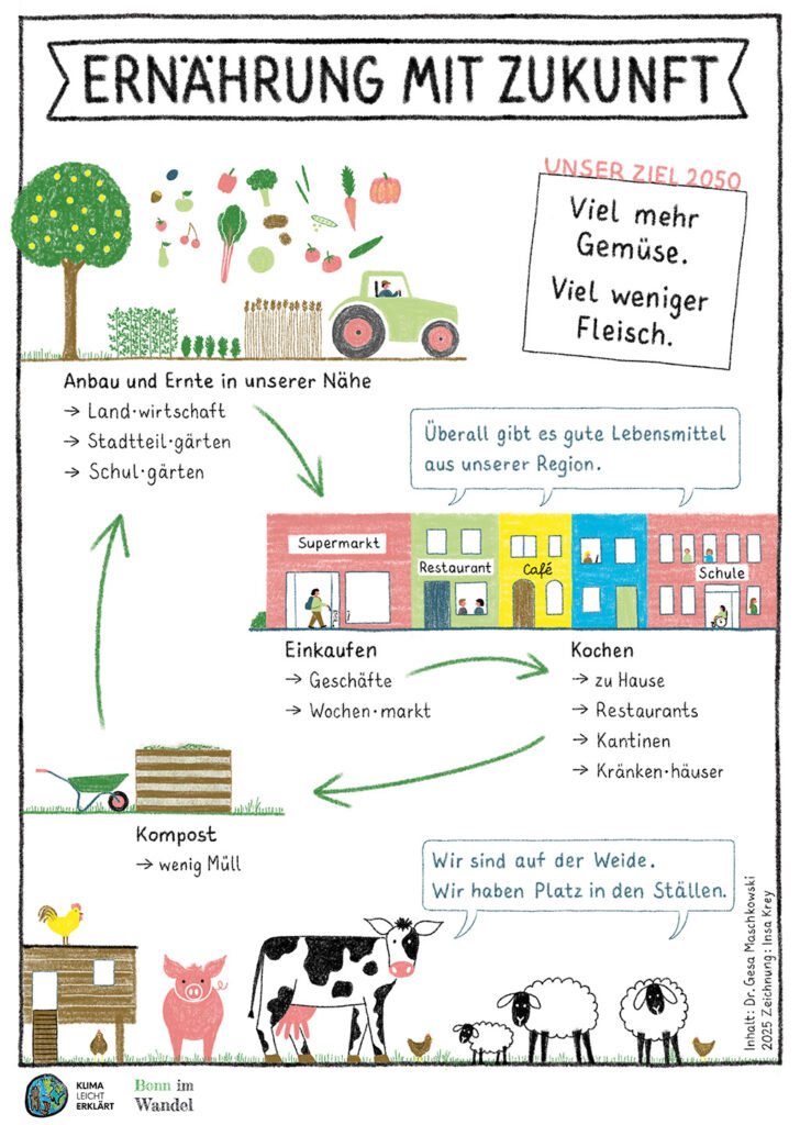 Erklärbild Ernährung mit Zukunft. "Viel mehr Gemüse. Viel weniger Fleisch." Kreislauf: Anbau und Ernte in usnerer Nähe, Einkaufen im Supermarkt, Kochen (zu Hause, im Restaurant oder in Kantinen), Kompost (macht wenig Müll). Tiere leben auf der Weide und haben Platz in den Ställen.